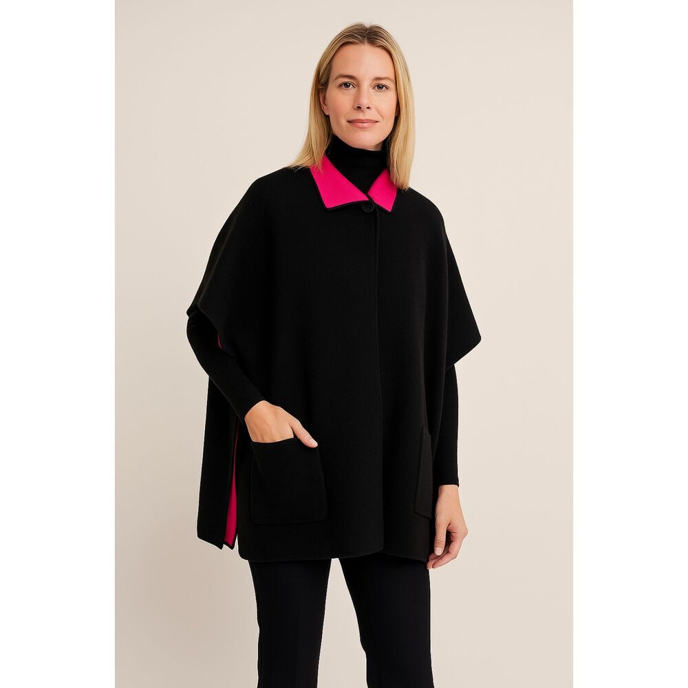Belford Cashmere Collard Poncho Sweater in Black and Contrasting Pink One Size